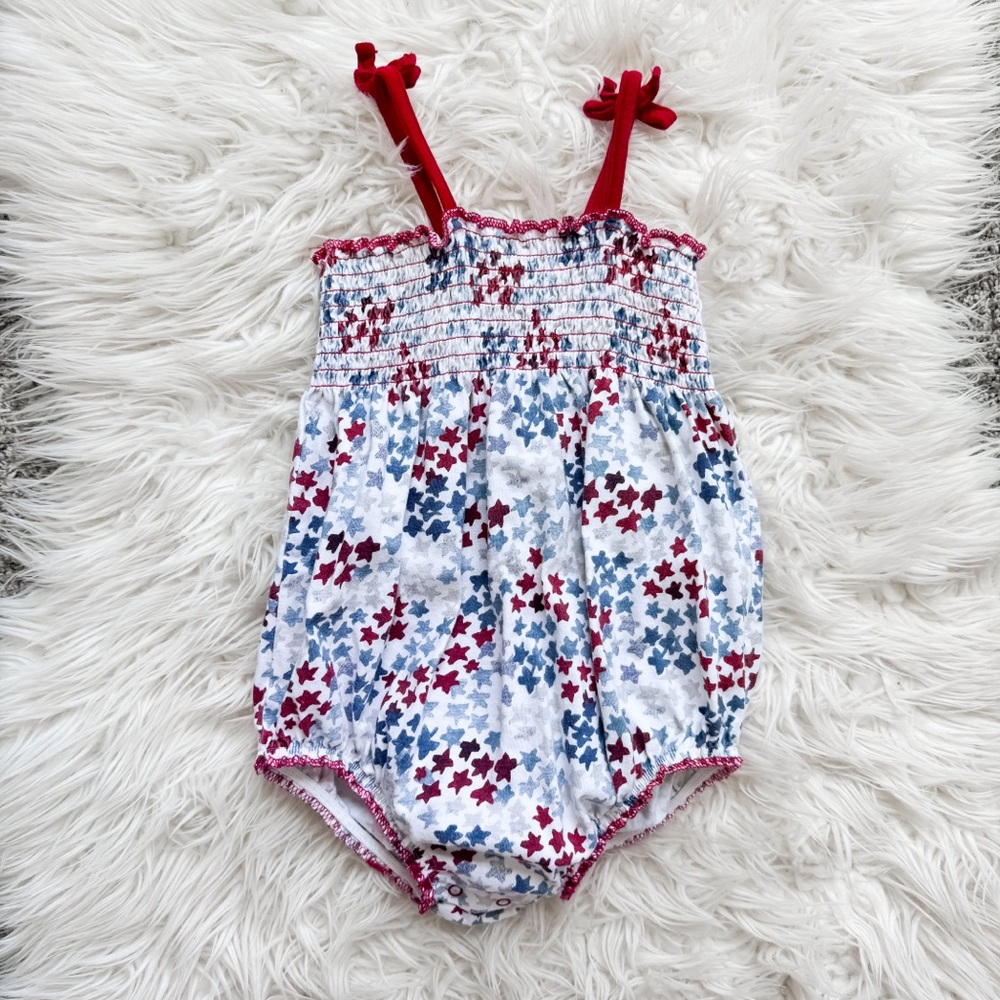 Burt’s Bees Baby Organic Smocked Bubble Romper Patriotic Stars 24M